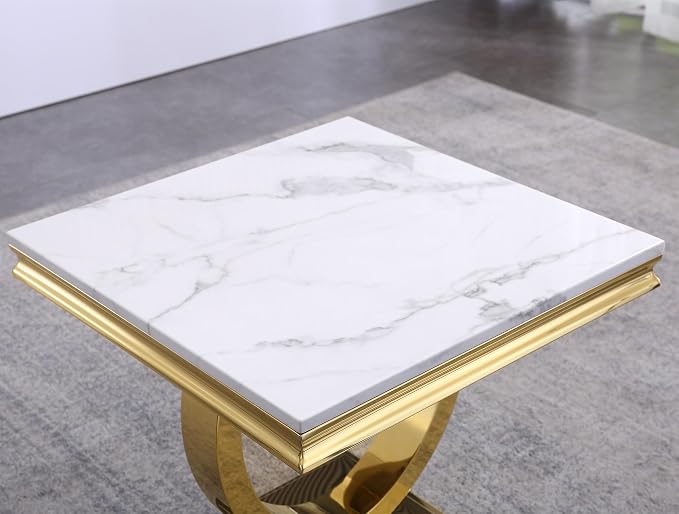3 Piece Living Room Table Set Include 1 Faux Marble Coffee Table & 2 End Tables, Modern White Gold Coffee Table Set of 3 with Double O Shape Stainless Steel Pedestal Base