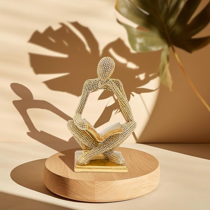 Sparkling Gold Reading Women Statue, Thinker Sculptures, Abstract Art Ornament, Modern Aesthetic Figurine Decoration for Home Living Room Bedroom Office Shelf Table Desk Bookshelf Decor