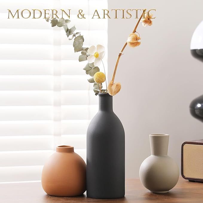 Ceramic Vase Set of 3 - Handcrafted Ceramic Vases for Home Decor & Shelf - Modern Farmhouse Decor for Kitchen, Office, Bedroom & Living Room Decorative Objects for Mantel, Table Centerpieces