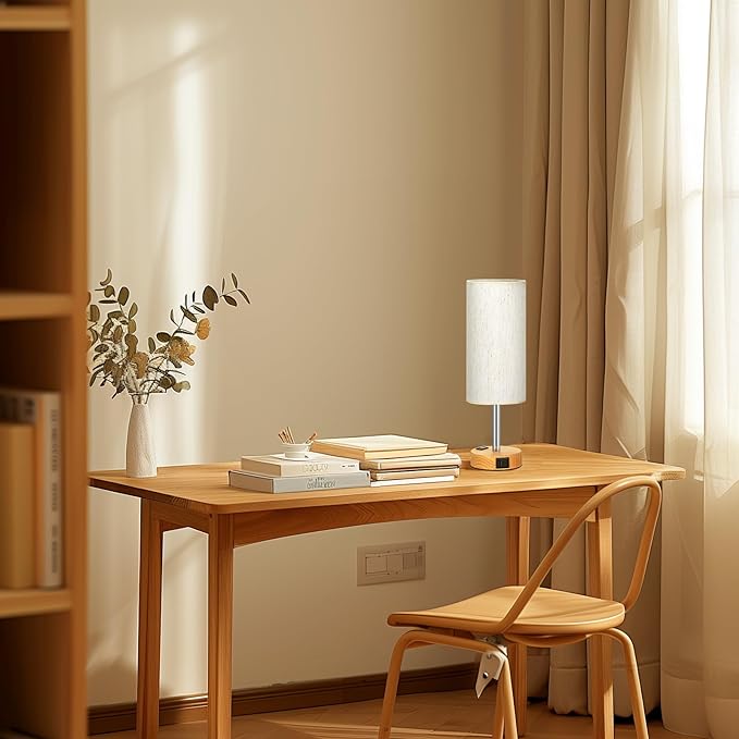 Fenmzee Small Touch Table Lamps Set of 2-3-Way Dimmable, USB A + C Charging, AC Outlet, Wood Grain Base, Bulbs Included
