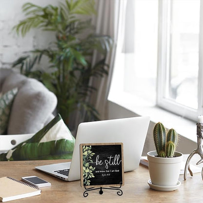 Inspirational Christian Desk Decor, Be Still And Know That I Am God Sign, Desk Decorations For Office Home Living Room Bathroom, Eucalyptus Shelf Decor, Wooden Plaque With Stand (02)