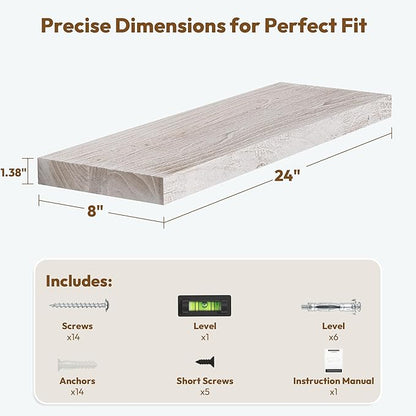 Vivelove Floating Shelves for Wall Solid Elm Wood, 24 Inches Long Rustic Wall Shelf with Invisible Bracket for Living Room Bedroom Bathroom Office, Farmhouse Wall Decor, Set of 2 - Weathered White