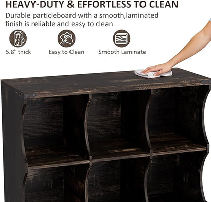 9 Cube Book Shelf, Low and Short Bookshelf, Long Cube Storage Organizer Wood TV Stand, Toy Organization DVD Cabinets for Living Room, Office, Bedroom, Dorm, Dark Brown with Dark Brown Top
