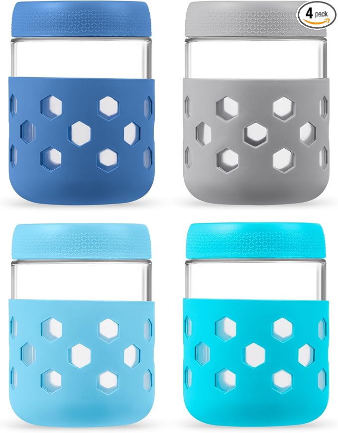 MICEBAY 16oz Overnight Oats Containers with Silicone Sleeves, 4-Pack Wide Mouth Glass Mason Salad Jars with Airtight Lids, BPA-Free Dishwasher Safe Leak-Proof Chia Seed Pudding Jar Meal Prep Container