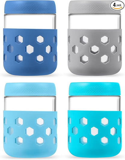 MICEBAY 16oz Overnight Oats Containers with Silicone Sleeves, 4-Pack Wide Mouth Glass Mason Salad Jars with Airtight Lids, BPA-Free Dishwasher Safe Leak-Proof Chia Seed Pudding Jar Meal Prep Container