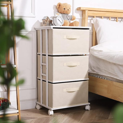 MAX Houser Dresser Tower with 3 Drawers for Bedroom, Fabric Storage Organizer Unit, Chest of Drawers with with WoodTop, Small Vertical Storage for Guest Room, Closet, Entryway(Beige)