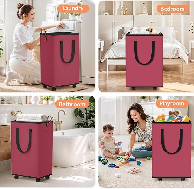 SpaceTrove Laundry Basket with Wheels, Collapsible Laundry Baskets, Laundry Hamper with Handles Detachable Wheels, Rolling Laundry Basket, Dirty Clothes Hamper for Bathroom, Dorm, Bedroom, Red, 100L