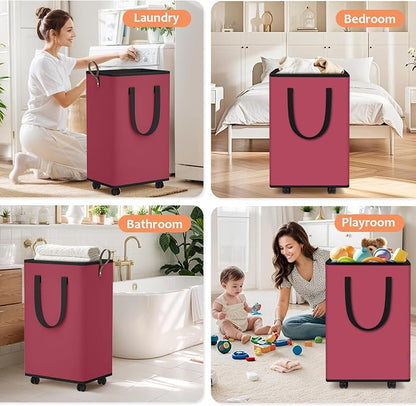 SpaceTrove Laundry Basket with Wheels, Collapsible Laundry Baskets, Laundry Hamper with Handles Detachable Wheels, Rolling Laundry Basket, Dirty Clothes Hamper for Bathroom, Dorm, Bedroom, Red, 100L