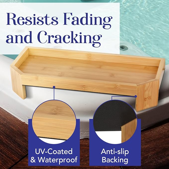 IMPRESA Bamboo Hot Tub Tray Table - 17" x 7.5", Modern Bamboo - Waterproof UV-Coated Caddy with Anti-Slip Backing for Drinks & Essentials - Hot Tub Accessories - Outdoor Spa Drink Table & Bathtub Tray