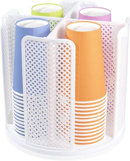 Rotating Paper Cup Dispenser with 4 Compartments, Disposable Coffee Cup Storage & Lid Holder for Countertops, Kitchen, Coffee Stations (White)