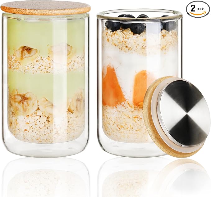 LIBWYS 2 Pack Overnight Oats Containers with Bamboo & Stainless Steel Lids, 15oz Meal Prep Jars - Double Walled High Borosilicate Glass jars for Overnight Oats, Chia Pudding & Salad