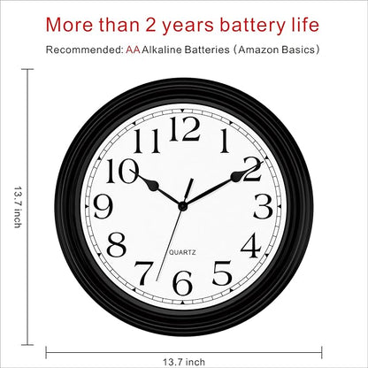 Foxtop 14 Inch Wall Clock Battery Operated Silent Non-Ticking Round Classic Vintage Retro Wall Clock Decorative for Living Room Kitchen Home Office (Black)