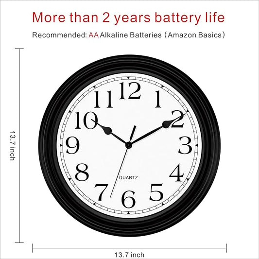 Foxtop 14 Inch Wall Clock Battery Operated Silent Non-Ticking Round Classic Vintage Retro Wall Clock Decorative for Living Room Kitchen Home Office (Black)