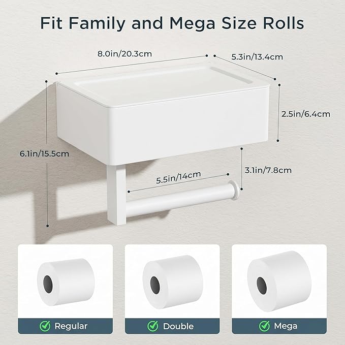 FORIOUS Toilet Paper Holder with Shelf, Sanitary Napkin Receptacle Tampon Holder, Wall Mount Toilet Paper Holder with Storage, Flushable Wipes Dispenser Fits for Bathroom Commercial(1, White)