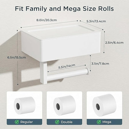FORIOUS Toilet Paper Holder with Shelf, Sanitary Napkin Receptacle Tampon Holder, Wall Mount Toilet Paper Holder with Storage, Flushable Wipes Dispenser Fits for Bathroom Commercial(1, White)