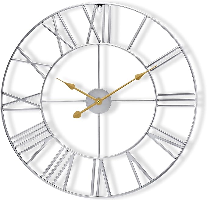 Sorbus Large Wall Clock for Living Room Decor - 24 inch Big Wall Clock Decorative - Battery Operated - Roman Numeral Analog Large Clock for Bedroom, Room, Home, Kitchen, Office, Wall Decor (Silver)