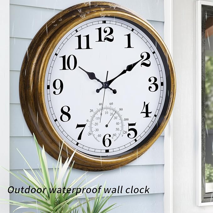 16 Inch Large Outdoor Clock, Retro Waterproof Indoor/Outdoor Clock Non-Ticking Clock with Thermometer, Battery Operated Wall Clock for Patio, Garden, Pool - Bronze