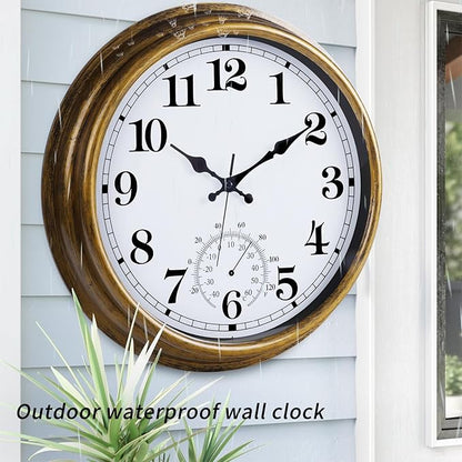 16 Inch Large Outdoor Clock, Retro Waterproof Indoor/Outdoor Clock Non-Ticking Clock with Thermometer, Battery Operated Wall Clock for Patio, Garden, Pool - Bronze