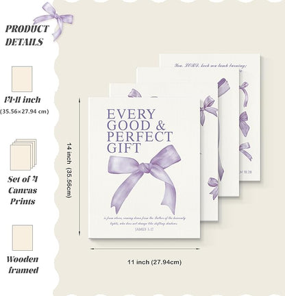 LARTSFRO Coquette Purple Bow Canvas Wall Art Decor Prints Posters, Purple Bow Room Bedroom Bathroom Dorm Wall Art Decor Aesthetic for College Teen Girls Gifts, Inspirational Bible Verses Bow Wall Decor, 11x14 Inch Set of 4 Pcs Bow Pictures (Canvas Fram...