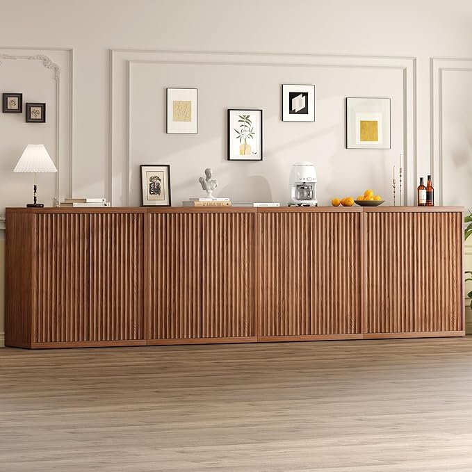 31” Sideboard Cabinet with Storage, Fluted Accent Cabinet with Adjustable Shelves, Modern Wood Credenza Cabinets with Pop-up Doors for Entryway Kitchen Living Room Hallway, Walnut 4pcs