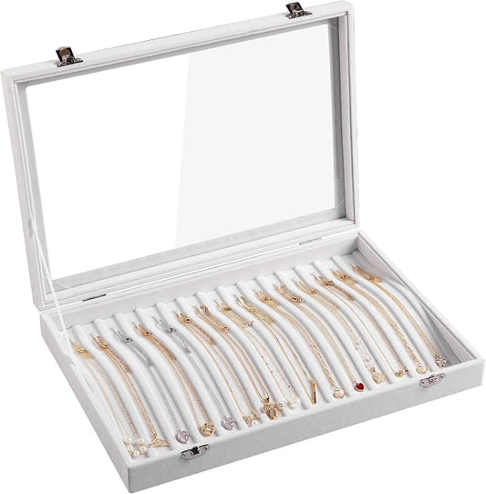 Frebeauty 15 Hooks Necklace Tray,Neckalce Organizer with Clear Lid,Velvet Necklace Holder Box,Jewelry Organizer for Pendants Chains,13.8x9.5x2 inches Necklace Jeweley Tray for Women(White)