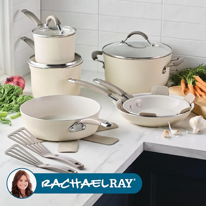 Rachael Ray Cucina Ceramic Cookware Set - 13 Pieces - Ceramic Pots and Pans Set w/Nonstick Frying Pans, Saute Pan, Saucepans, Stockpot, Lids, Pan Protectors - Almond