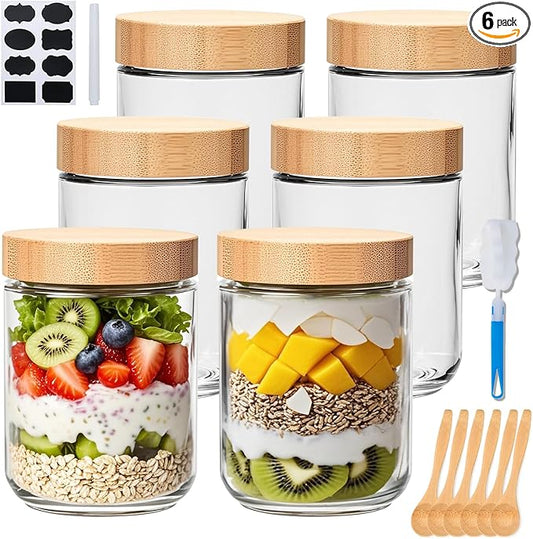 16oz Glass Jars with Lids, Overnight Oats Containers with Bamboo Lids, Wide Mouth Glass Mason Jar Food Storage Containers for Salad,Yogurt,Meal Prep,6 Pack