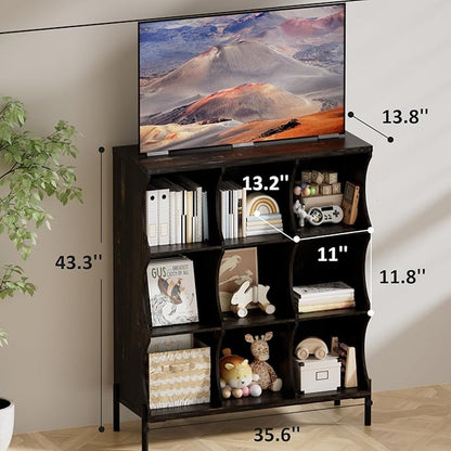 9 Cube Book Shelf, Low and Short Bookshelf, Long Cube Storage Organizer Wood TV Stand, Toy Organization DVD Cabinets for Living Room, Office, Bedroom, Dorm, Dark Brown with Dark Brown Top