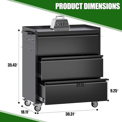 SUXXAN Metal Storage Cabinet with 3 Drawer and 4 Hooks,35.4" H Top Workbench Mobile Tool Chests Garage Cabinets with 4 Wheels,Tool Cabinets for Home,Office,Shop