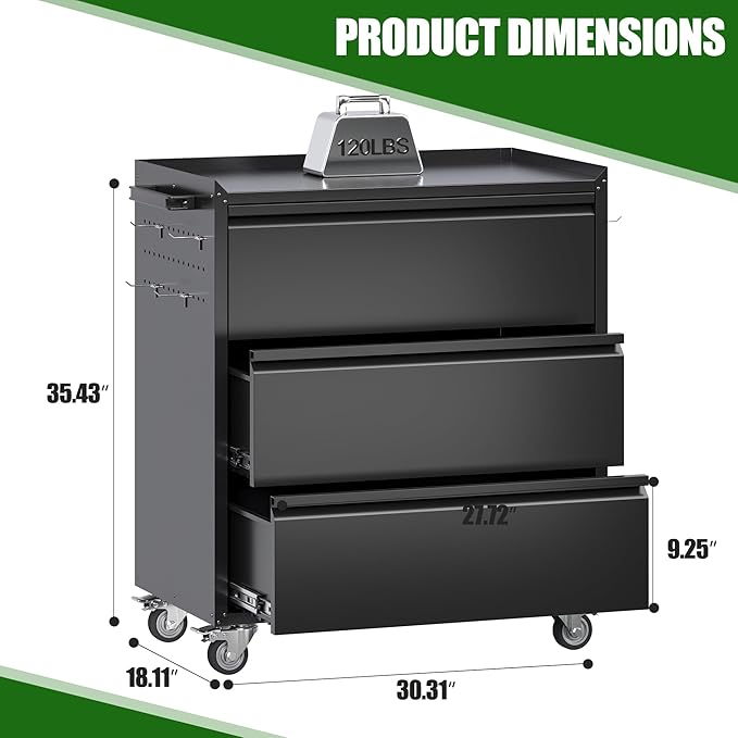 3 Drawers Garage Storage Cabinet with Wheels,35" H Metal Storage Cabinets for Garage, Home, Assembly Required,Black