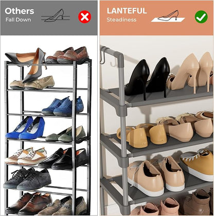 LANTEFUL 3 Tier Shoe Rack for Closet, Shoe Organizer with 5 Hooks, Long Shoe Shelf Storage for Shoe and Boot Stackable Free Standing Shoe Rack for Entryway, Garage, Small Spaces, Dorm, Grey