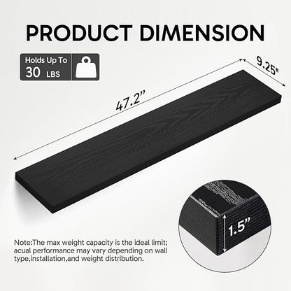 BAYKA Floating Shelves Set of 2, 47.2 inches Long Heavy Duty Wall Mounted Rustic Wood Shelves for Bathroom, Bedroom, Living Room, Kitchen, Office, Hanging Shelf for Books/Storage/Decor, Black