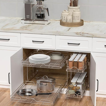 OCG 2 Tier Pull Out Cabinet Organizer (22.5" W x 21.5" D), Pull Out Drawers for Kitchen Cabinets, Pull Out Shelves for Base Cabinet Organization in Kitchen Bathroom Pantry, Chrome Finish