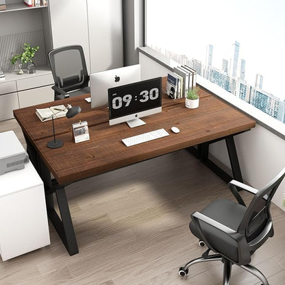 IBF Solid Real Wood Desk, Minimalist 60” Natural Wood Computer Desk, Rustic Desk for Home Office Writing Study, Vintage Industrial Wooden PC Gaming Workstation Computer Table, Brown, 60 Inch