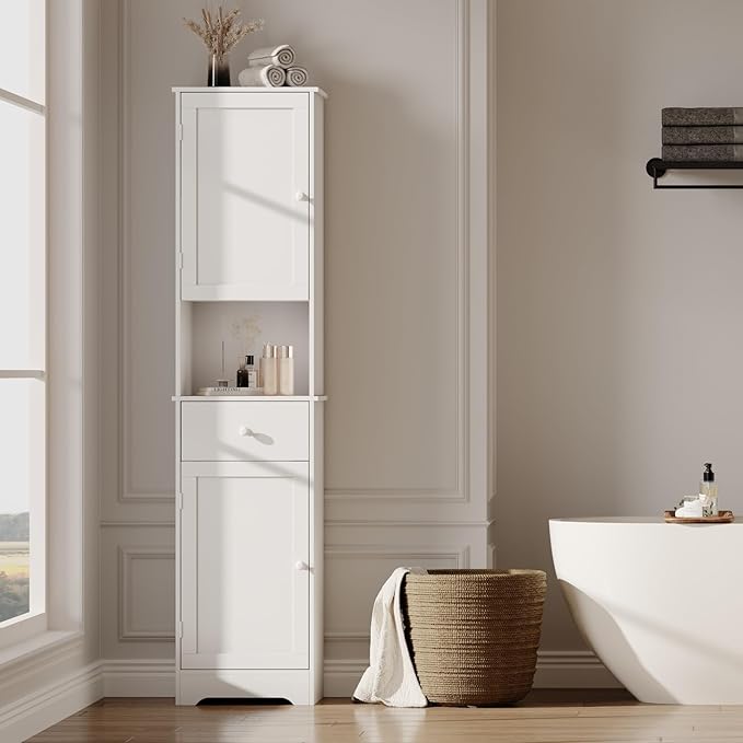 Tall Bathroom Cabinet, Storage Cabinet with 2 Doors & 2Drawer, with Ajustable Shelve, for Bathrooms, Kitchens,Entrances,Bedrooms（White）