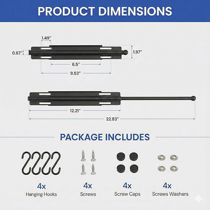 12 Inch Valet Rod for Closet Pull Out, Heavy Duty Carbon Steel Retractable Closet Rod with 4 Hooks, Slide Out Butler Hanger for Laundry Room, Bedroom, Black