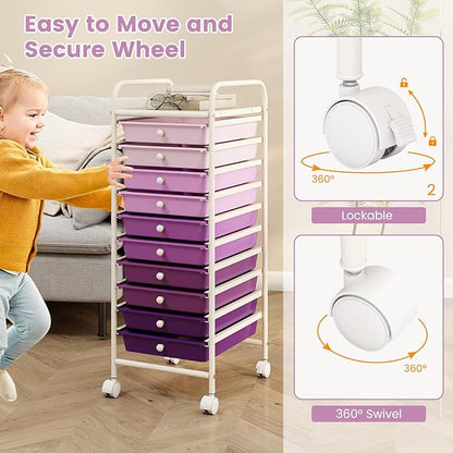 RELAX4LIFE 10 Drawer Rolling Cart - Slim Storage Cart w/Lockable Wheels for Classroom School Teacher Office, Art Supplies Paper Scrapbook Craft Organizers, Utility Cart with Drawers (Gradient Purple)