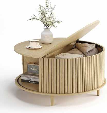 JOINICE,Round Coffee Table with Storage, 31.5" Natural Oak Fluted Center Table with Sliding Door, Modern Circle Drum Table for Living Room, Scandi Wood Furniture for Small Spaces