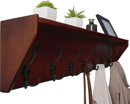 WEBI Coat Rack Wall Mount with Shelf,35" Long Wall Shelf with Hooks Underneath,7 Triple Hooks for Entryway,Hallway,Bedroom,Cherry