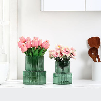 Ribbed Glass Vases for Bouquet, Set of 2 Green Vases for Flowers, Green Glass Vase for Tulips, Modern Vase for Living Room, Office, Coffe Table, Dining Table, Shelf, Wedding