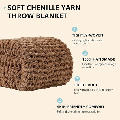 L'AGRATY Chunky Knit Blanket Throw: 50''x60'' Chenille Chunky Knitted Throw Blankets for Bed Couch - Handmade Thick Big Cable Knit Blanket - Large Crochet Rope Blankets for Home Decor(Brown)