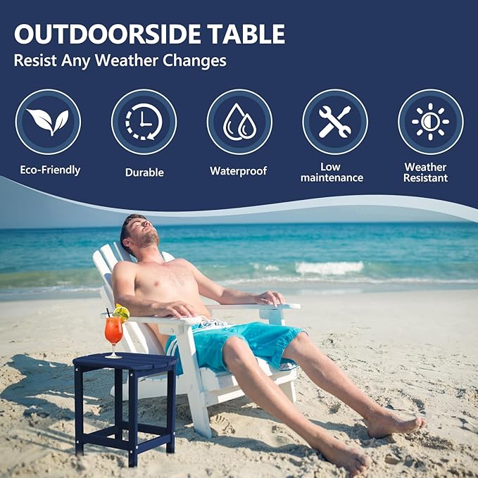 Plawdlik Hdpe Outdoor Adirondack Side Table, Wooden Textured, Set for Patio, Garden, Porch, Pool Composite Patio, Backyard, Bathroom and Indoor, Maintenance & Weather Resistant(Navy Blue)