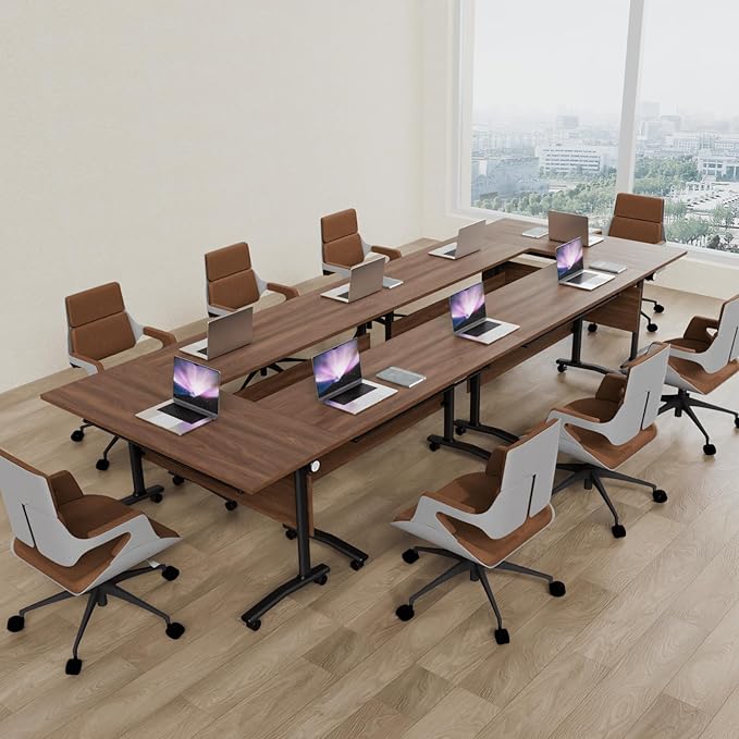 4Packs Folding Conference Table with Silent Wheels,Mobile Flip Top Meeting Room Table for Office Training and Classroom,Foldable Modular Rolling Desk for Home Office,Walnut Space-Saving Rectangular