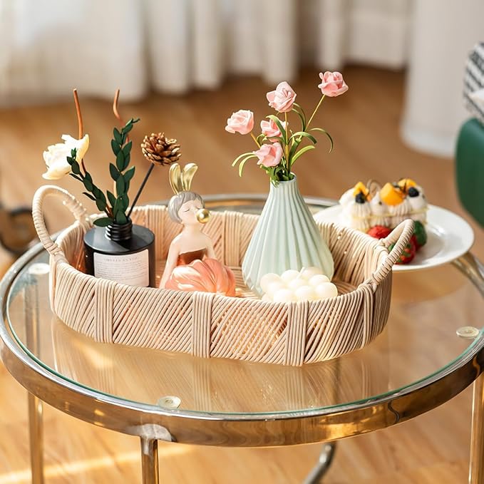 Hand-Woven Rattan-Style Storage Basket with Handles, Beige Oval Organizer Tray for Bathroom Kitchen Living Room | Fruit, Snack, Cosmetic & Toiletries Organizer | Decorative Multi-Purpose Basket