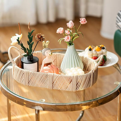 Hand-Woven Rattan-Style Storage Basket with Handles, Beige Oval Organizer Tray for Bathroom Kitchen Living Room | Fruit, Snack, Cosmetic & Toiletries Organizer | Decorative Multi-Purpose Basket