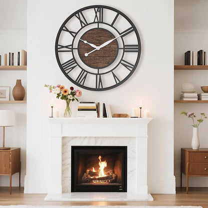 Pytha Sight 24 Inch Large Oversized Farmhouse Modern Decorative Wall Clock for Living Room,Silent Industrial Big Roman Numerals Vintage Metal Round Wall Clocks for Kitchen,Dinng Room,Office