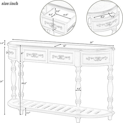 HMFULE Retro Curved Console Table, 52" Solid Wood Half Moon Sofa Table Entryway Table with 4 Drawers 1 Open Shelf for Living Room,Entryway,Hallway,Grey