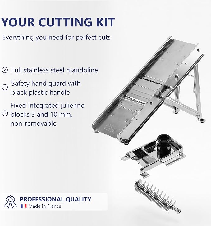 Bron Coucke – Professional Stainless Steel Mandoline with Protective Carriage – 2 Integrated Cutting Blade Units (3 mm & 10 mm) – Smooth & Corrugated Blades – Adjustable – Multi-Function