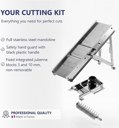 Bron Coucke – Professional Stainless Steel Mandoline with Protective Carriage – 2 Integrated Cutting Blade Units (3 mm & 10 mm) – Smooth & Corrugated Blades – Adjustable – Multi-Function