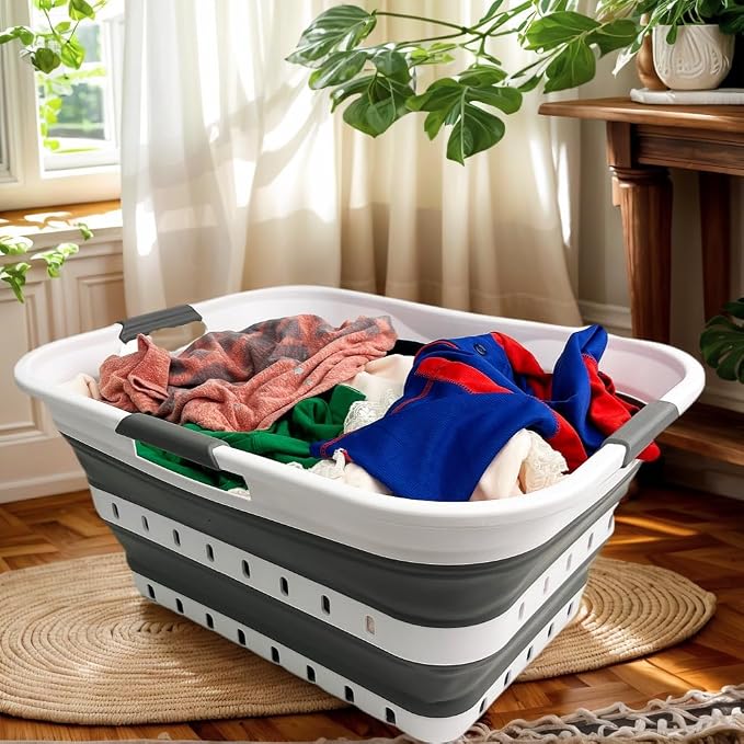 SAMMART 42L (11 gallons) Set of 2 Plastic Foldable Storage Basket/Container - Collapsible, Space Saving and Portable Laundry Hamper, Ideal for Home, Travel, Dorm, and Camping (2, White/Steel Grey)